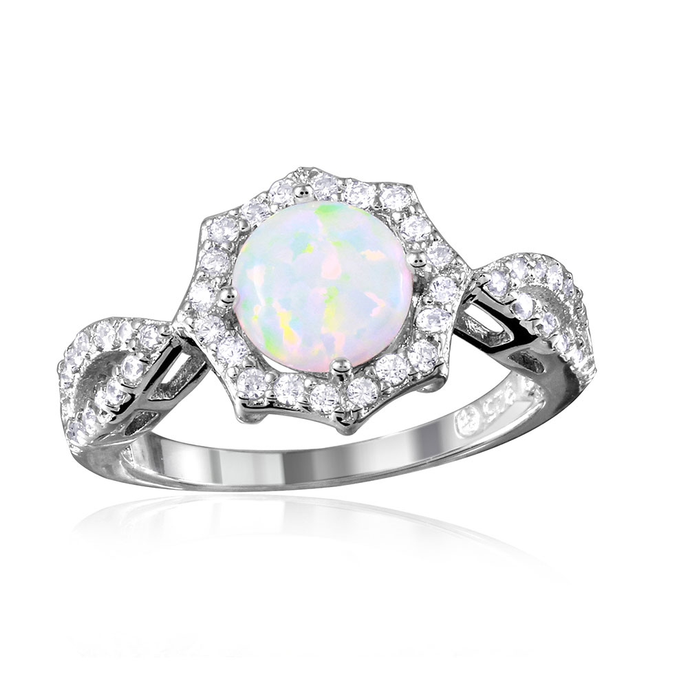 Sterling Silver Rhodium Plated Synthetic Opal Halo Sustainable Gemstone ...
